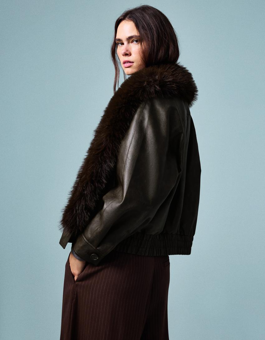 Blouson similicuir col fourrure-Marron