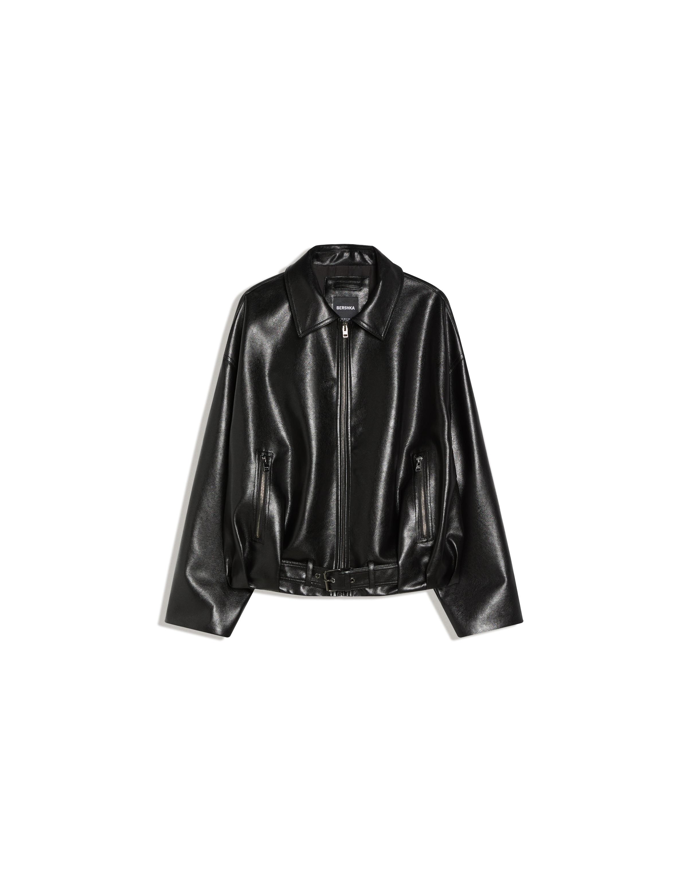 Leather effect bomber jacket with belt — Black