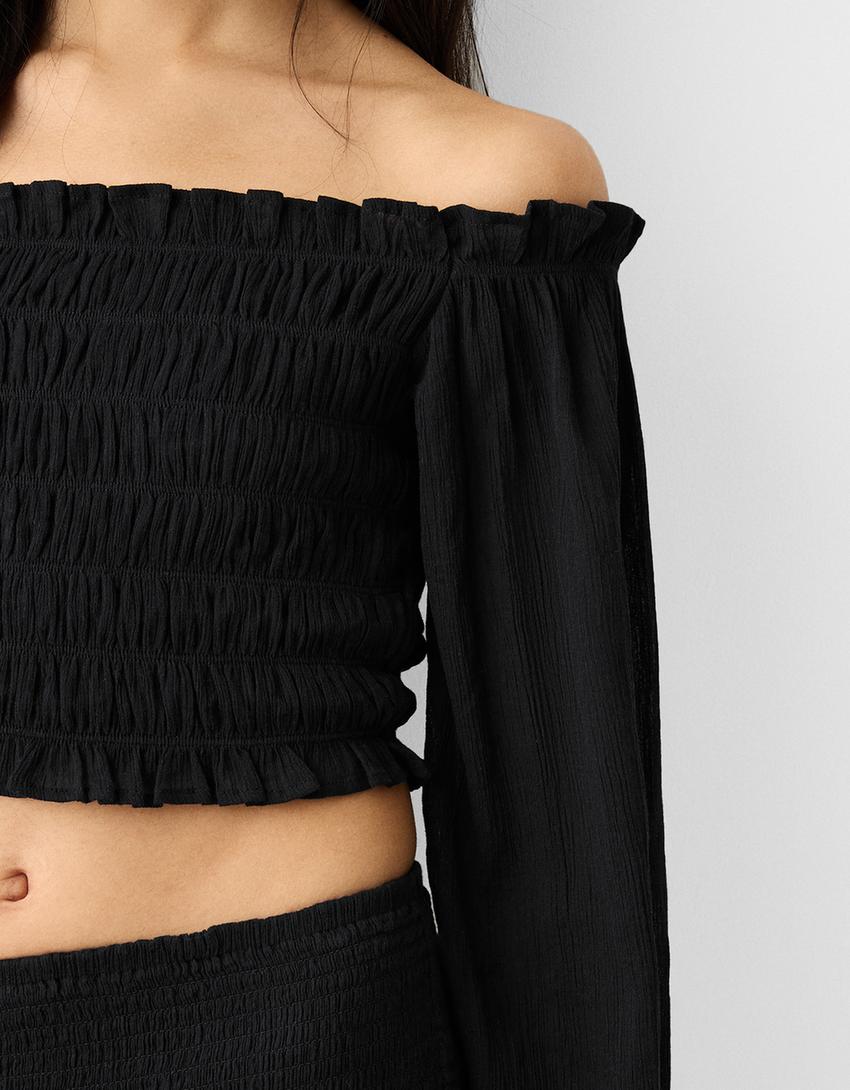 بلوزة ضيقة بأكمام طويلة وتفصيل مرن-أسود-5