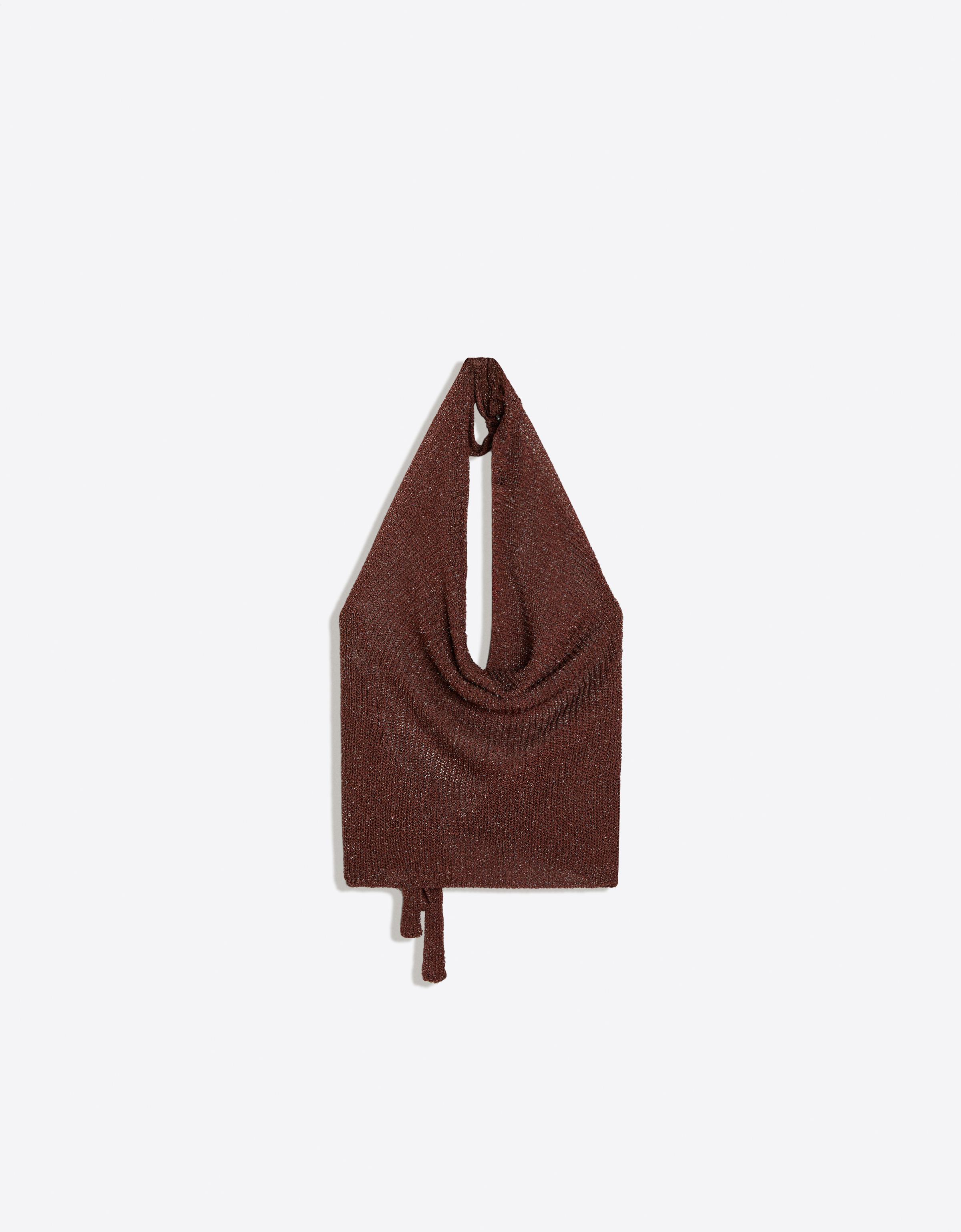 Draped halter top with metallic thread — Brown