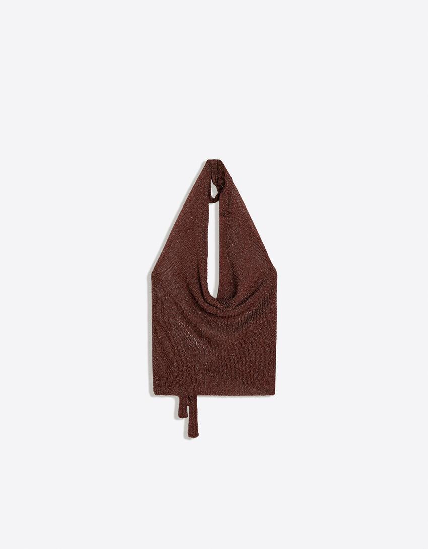 Metallic thread draped halter top-Brown