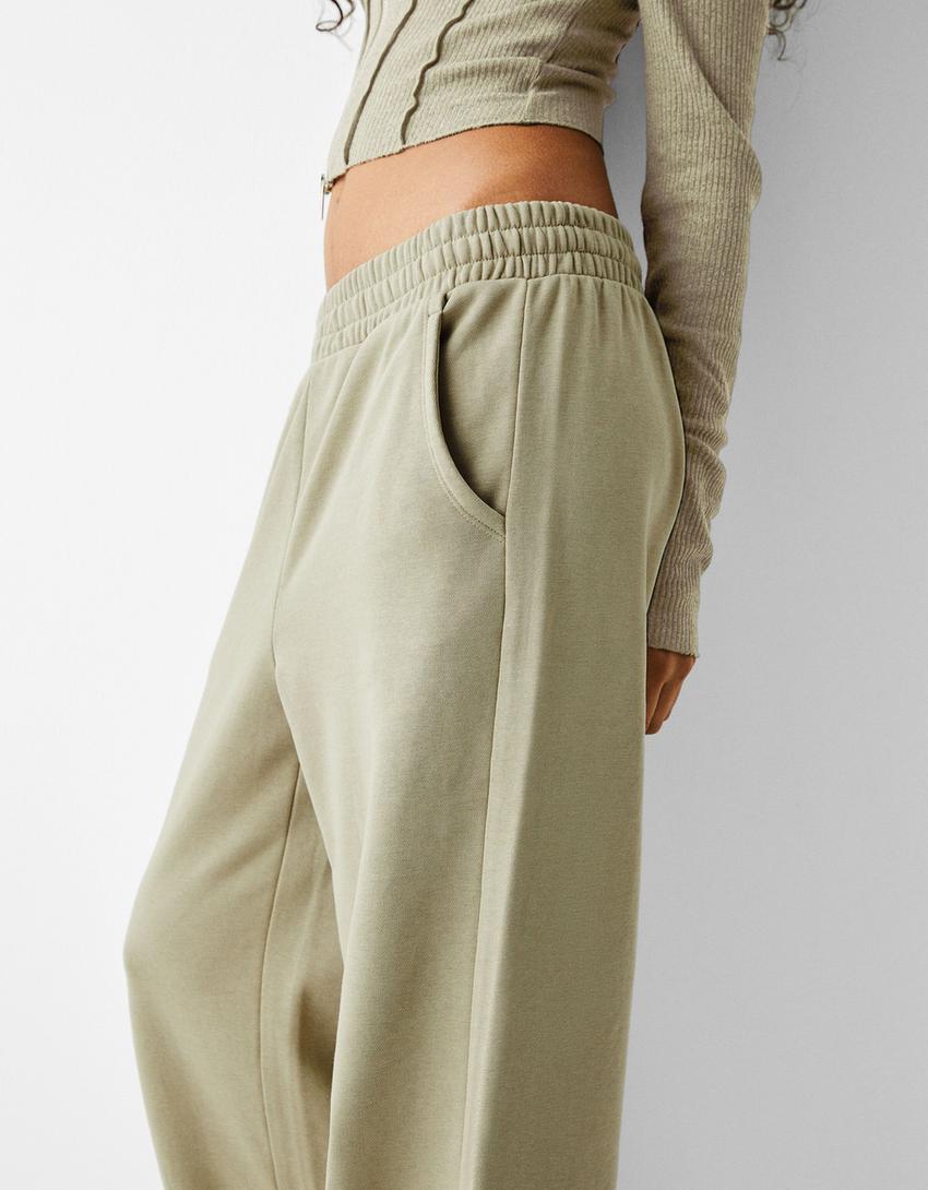 بنطلون من نسيج البلش بساق عريضة-كاكي-3