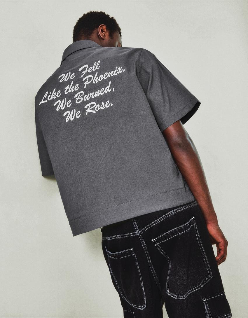 Short sleeve embroidered shirt with zip-Dark grey