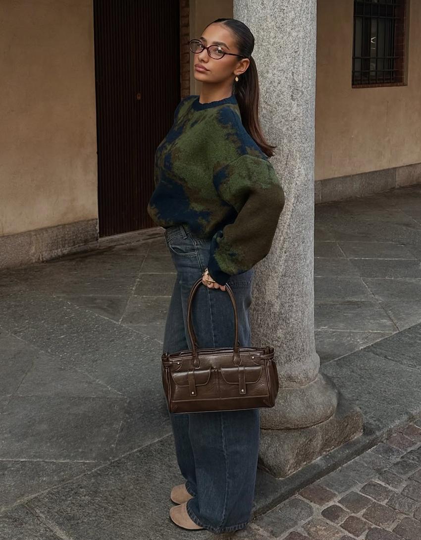 Jeans perna larga cintura cruzada-Azul