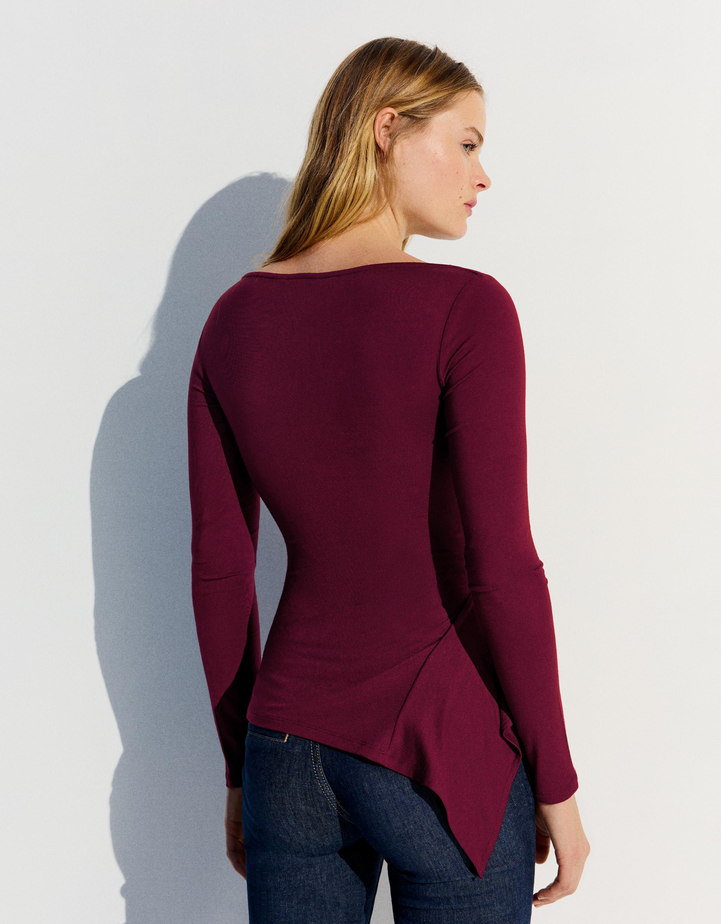 Long sleeve asymmetric gathered T-shirt — Burgundy