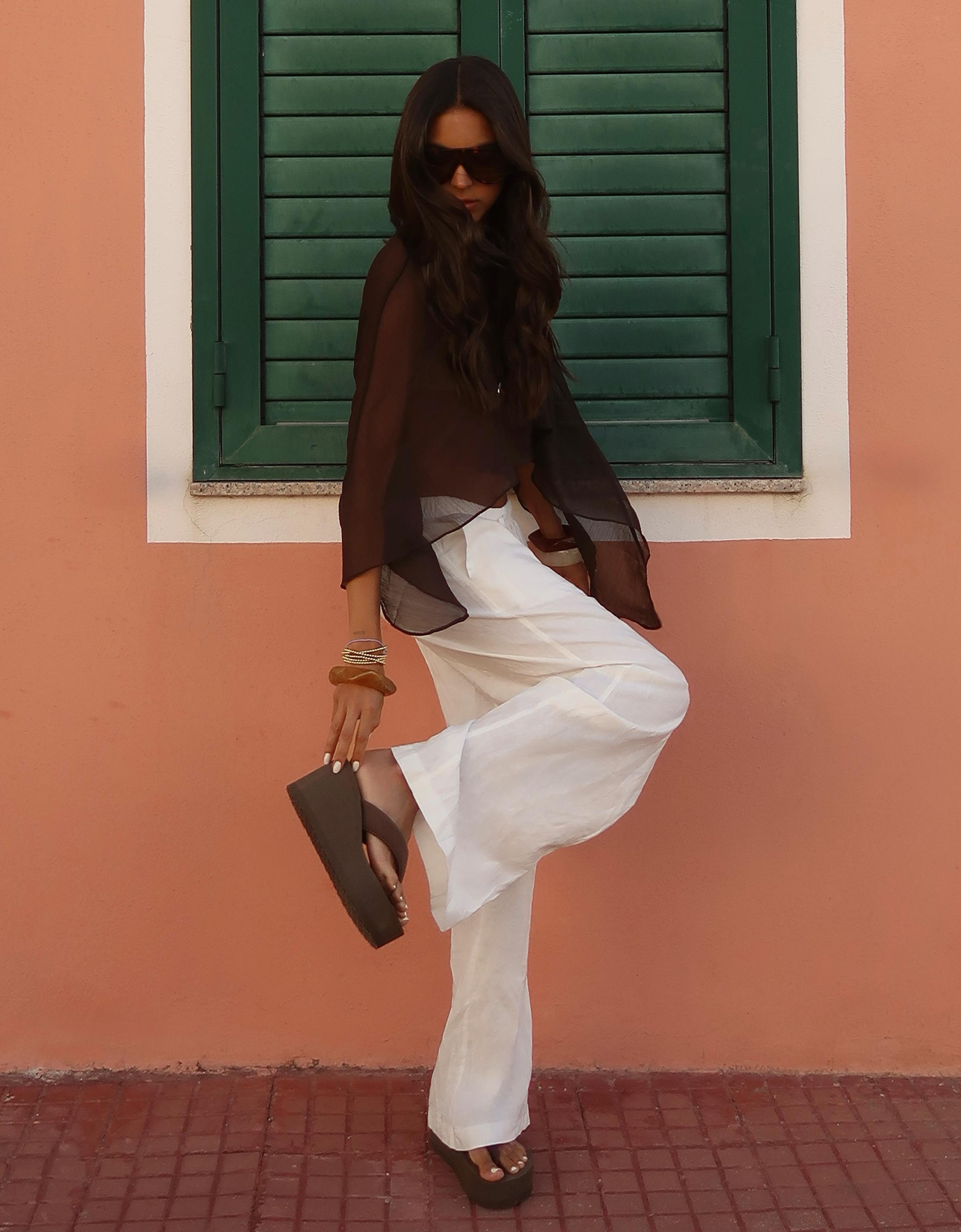 Semi-sheer asymmetric flowing cape — Brown