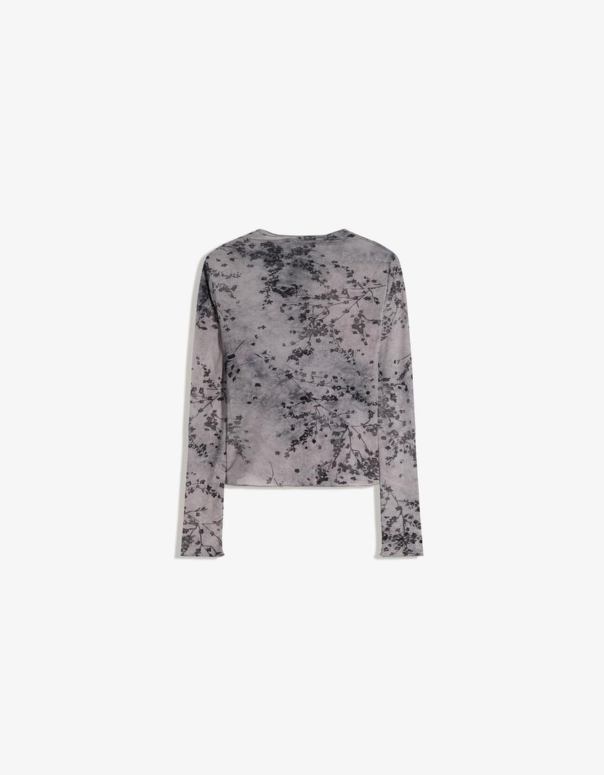 Ruched tulle long sleeve T-shirt-Grey