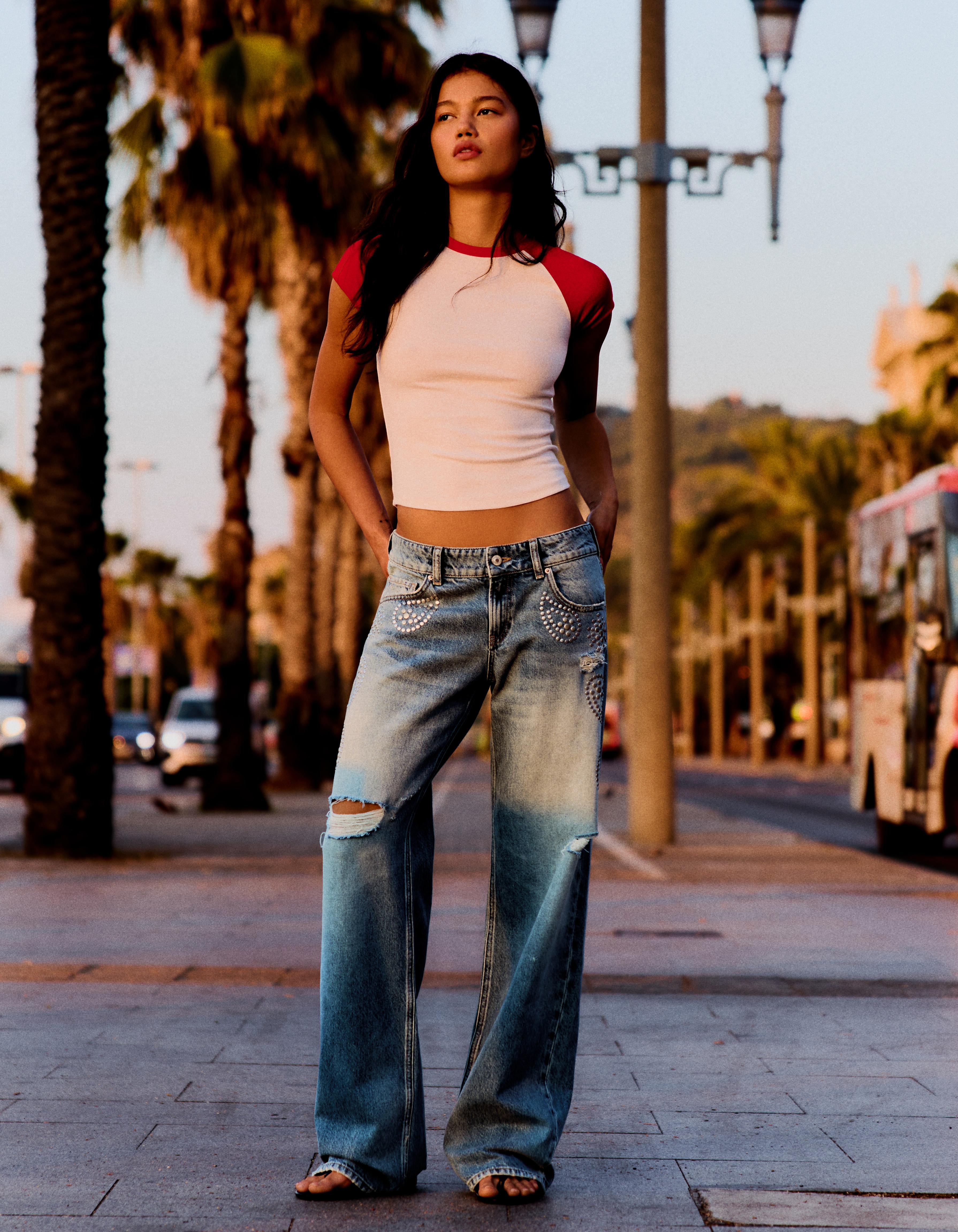 Bershka Zımba detaylı orta bel straight fit jean görsel 4