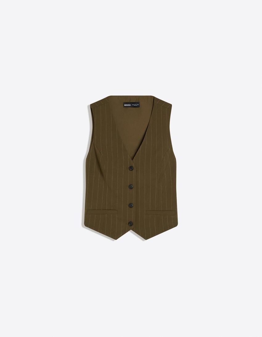 Striped waistcoat with back buckle-Khaki