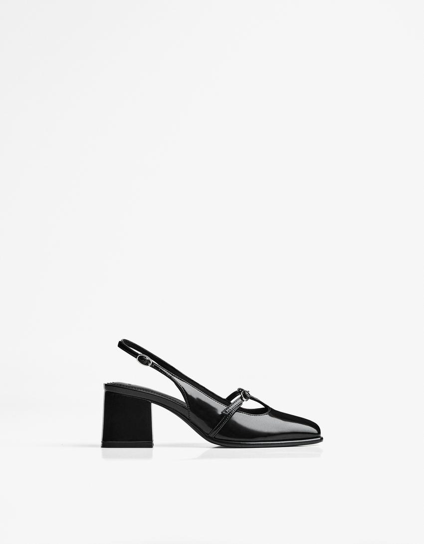 High-heel slingback shoes with buckled strap-BLACK