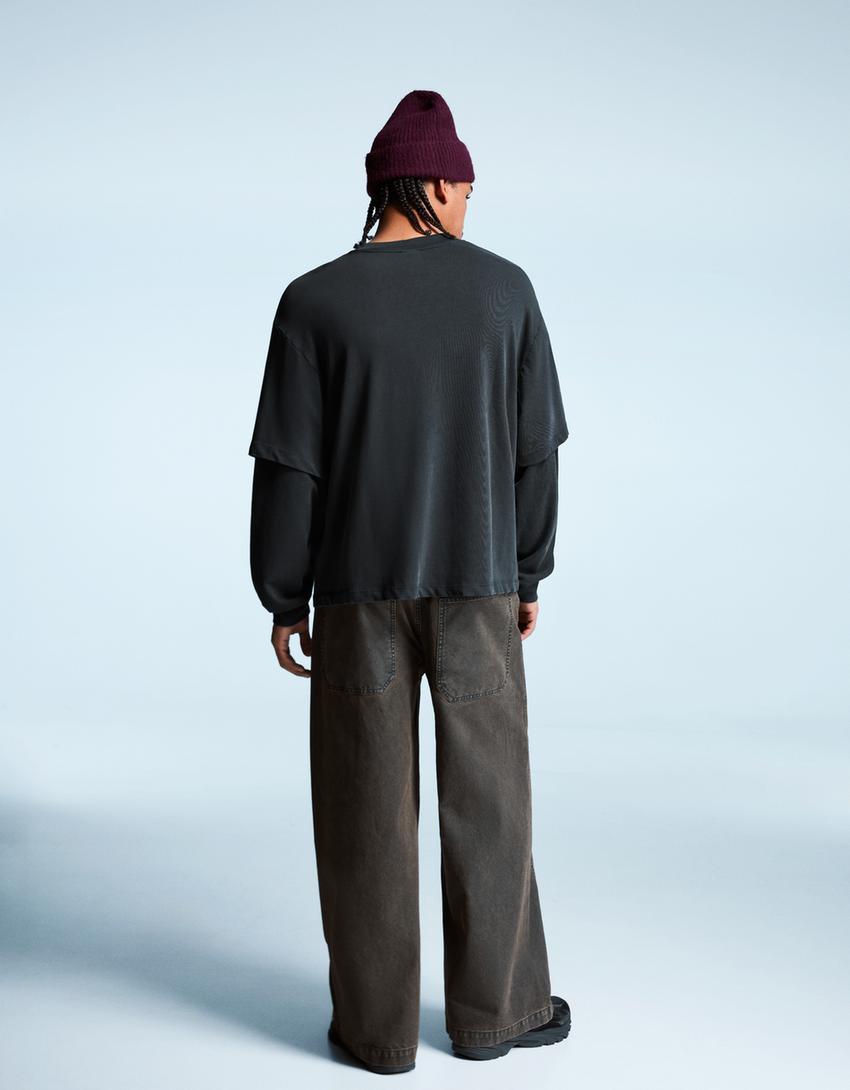 T-shirt double manche imprimé-Gris