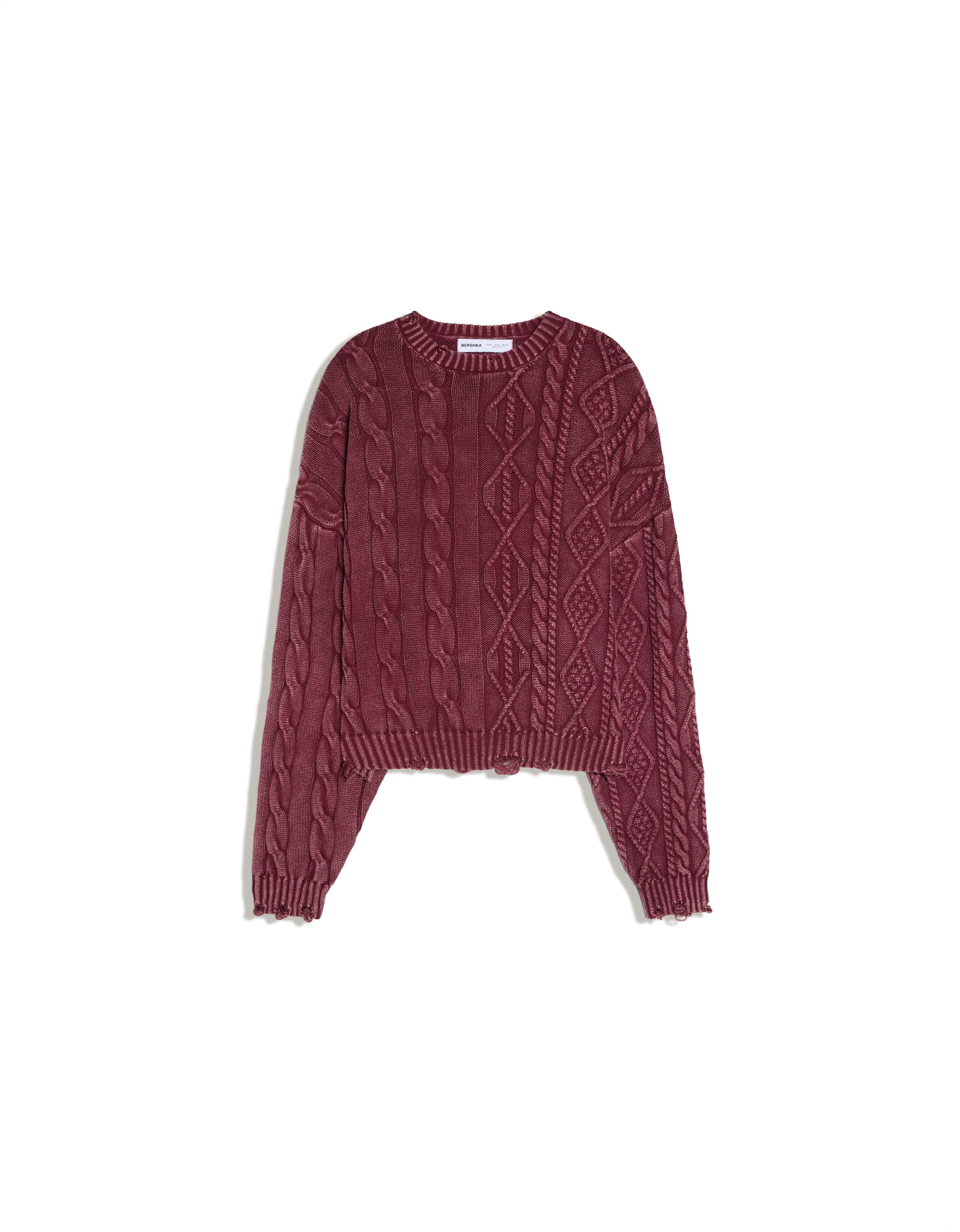 Washed-effect cable-knit jumper — Maroon