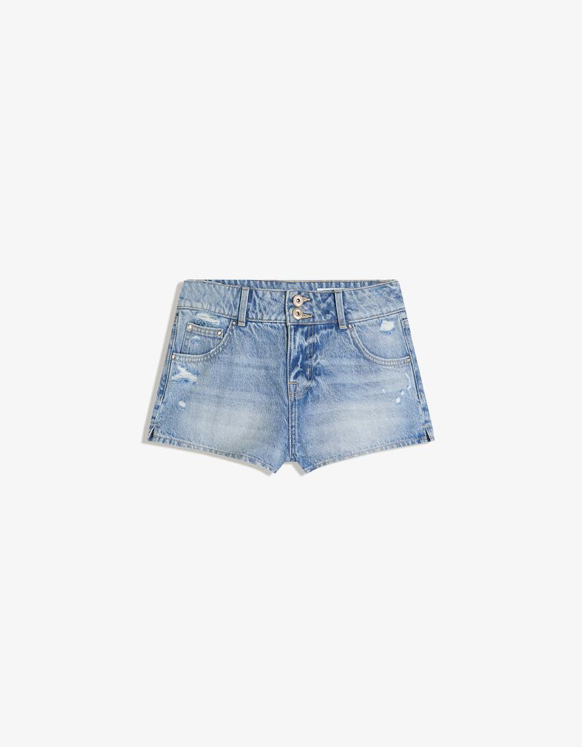 Printed denim shorts-Light blue