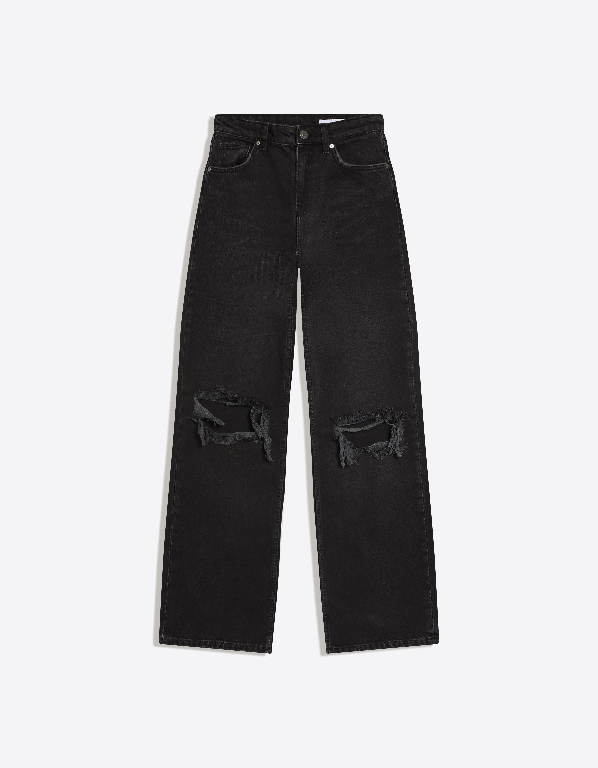 Bershka Yüksek bel distressed geniş paça jean görsel 2
