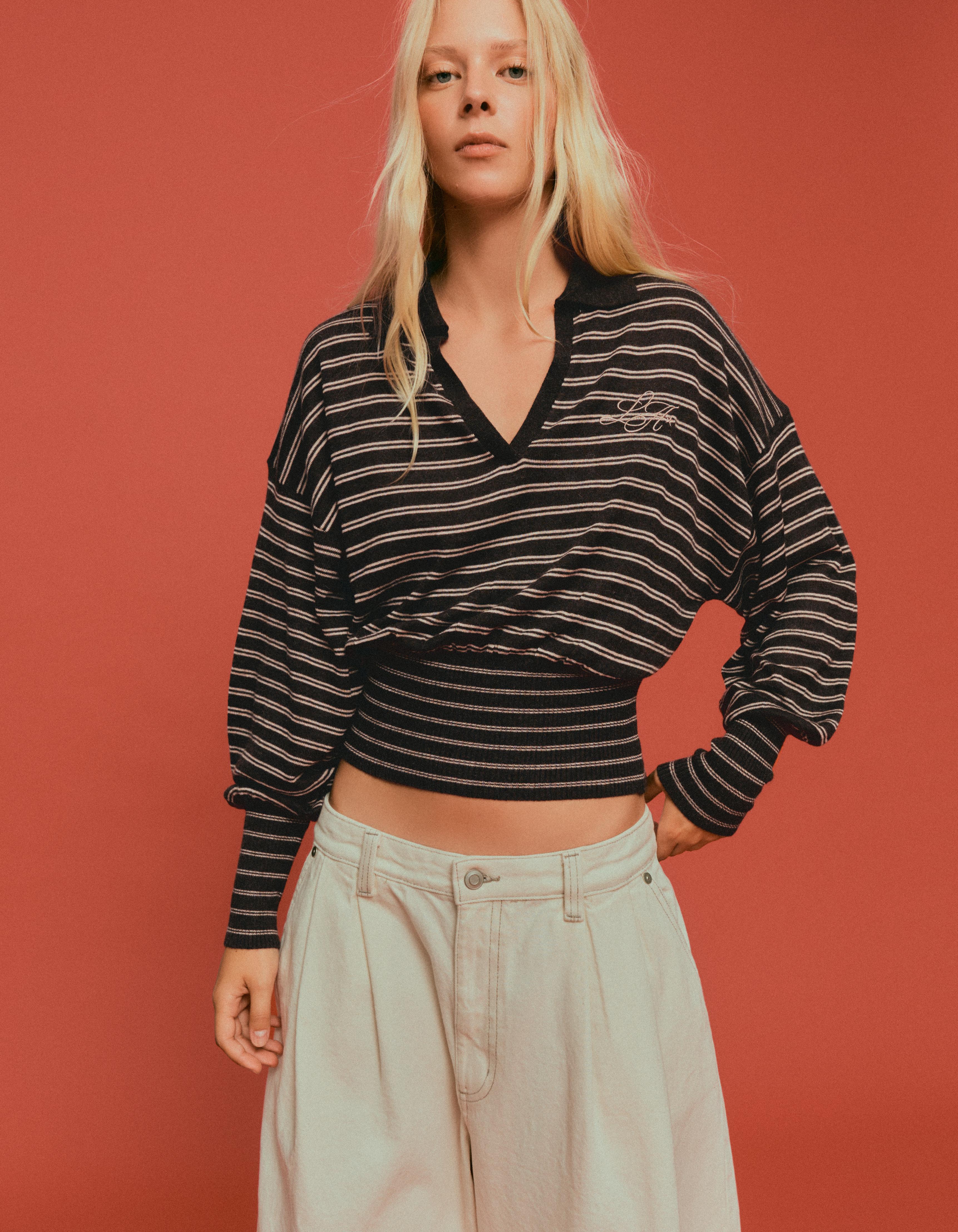Ribbed polo collar jumper — Brown