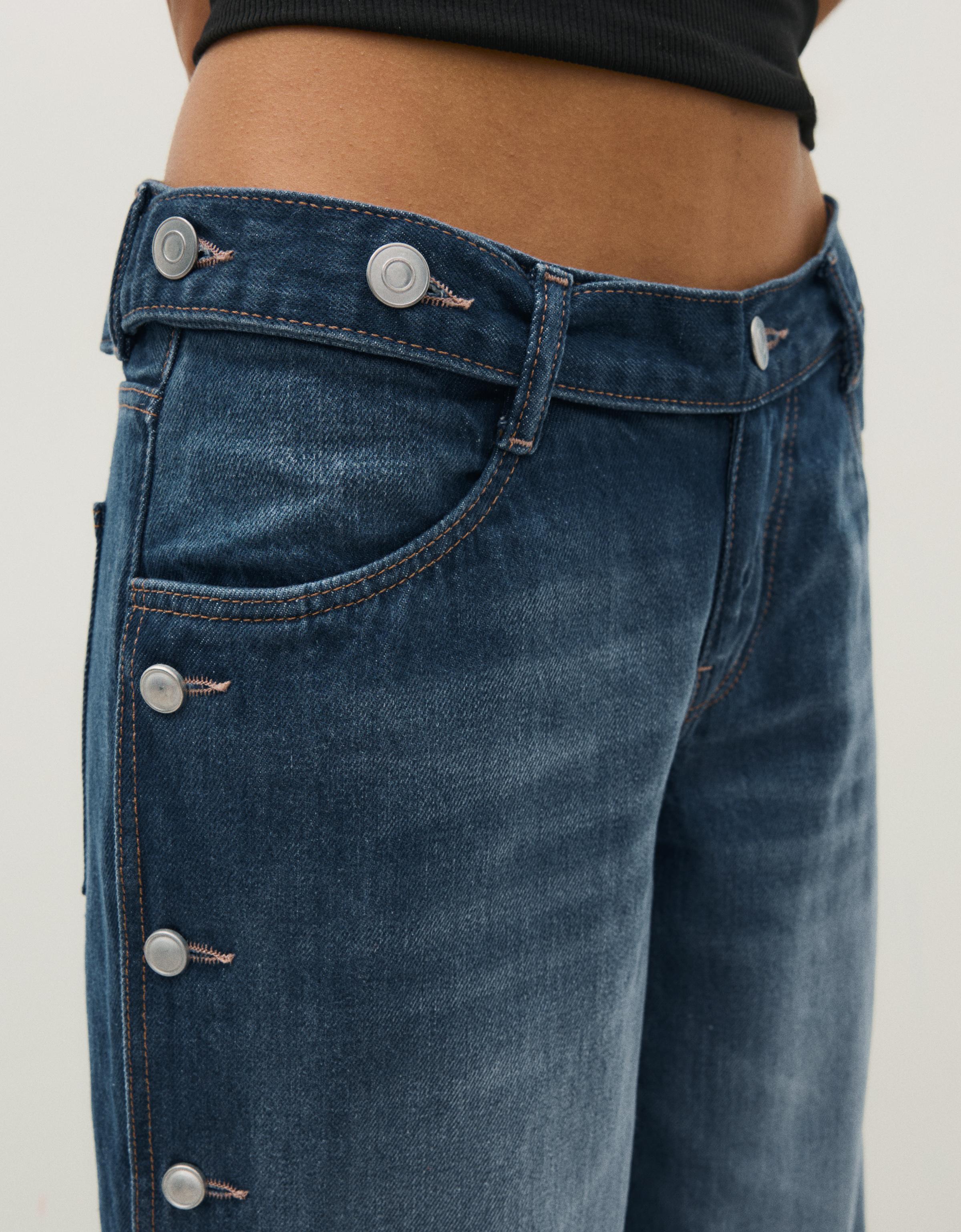 Low-rise straight-leg jeans with side buttons — Dark blue