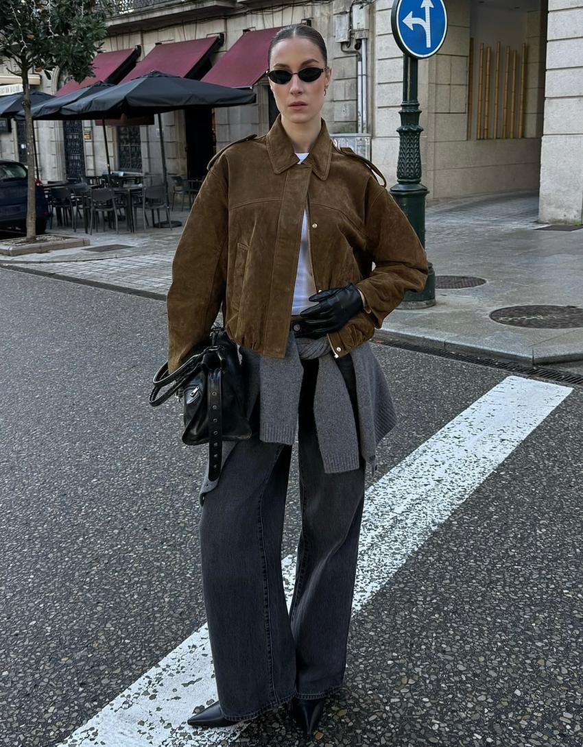 Leather and suede jacket-Khaki