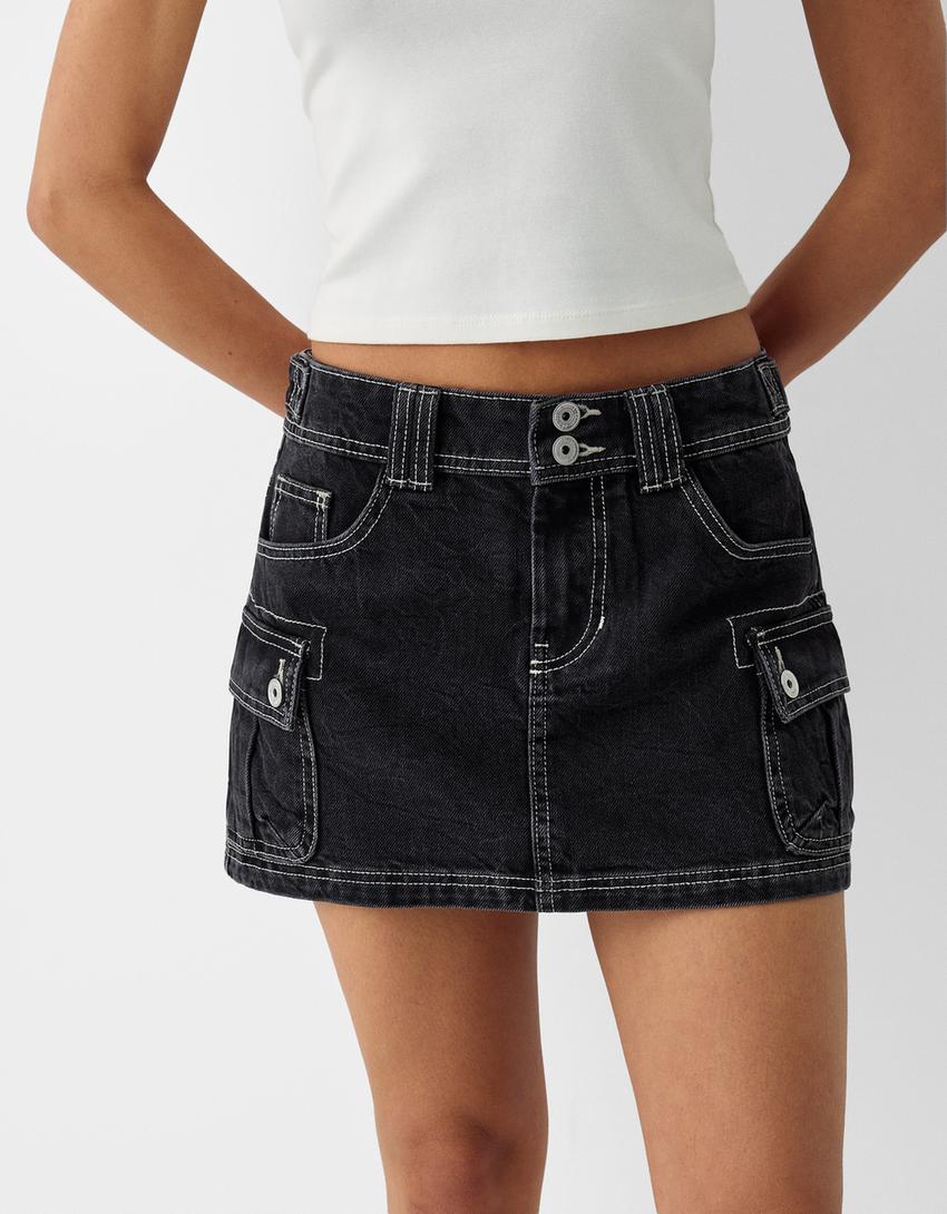 Mini-jupe denim cargo-Noir-2