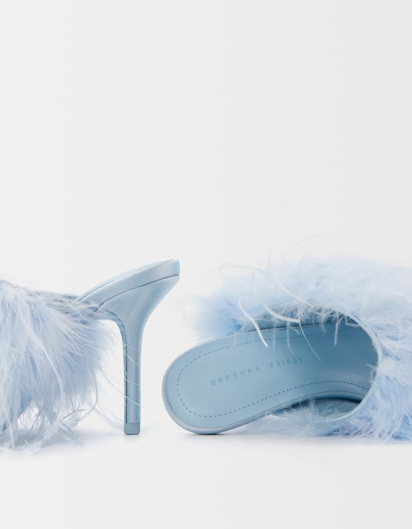 Sandales talon mules avec plumes-Bleu-2