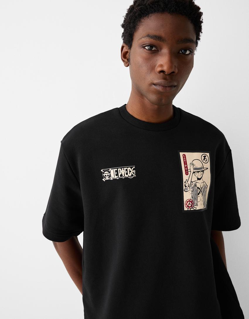 تيشرت بأكمام قصيرة وطبعة One Piece-أسود-2