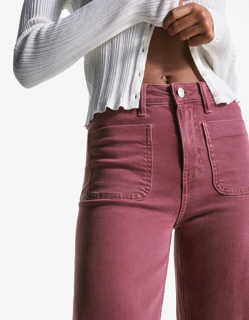 Jeans mit weitem Bein, nahtlosen Taschen-Rot-1
