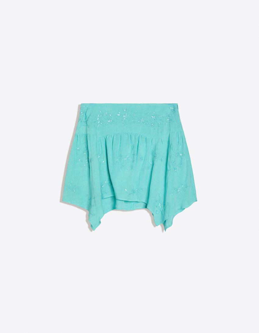 Jupe brodée à pointes-Bleu turquoise