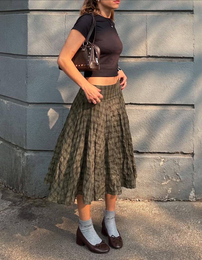 Falda midi volumen cuadros-Kaki
