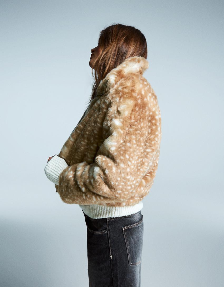 Cazadora efecto pelo animal print-Camel