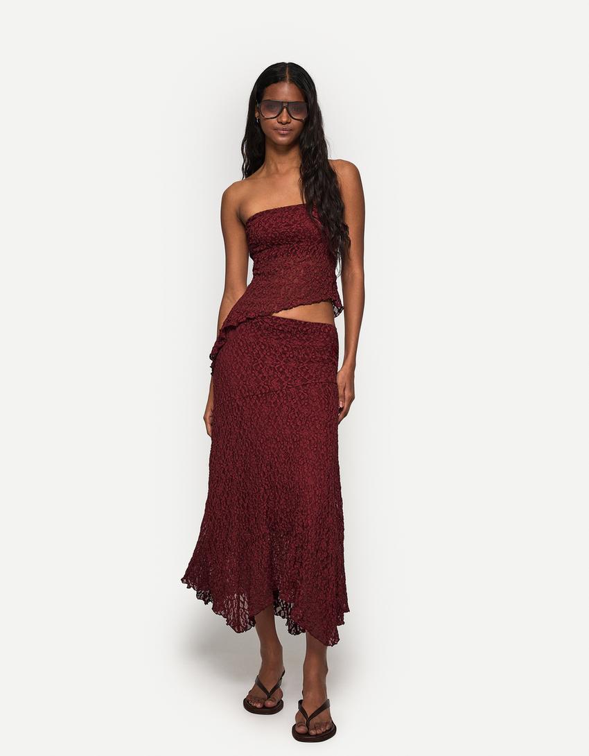 Blonde lace top and midi skirt set-Burgundy-3