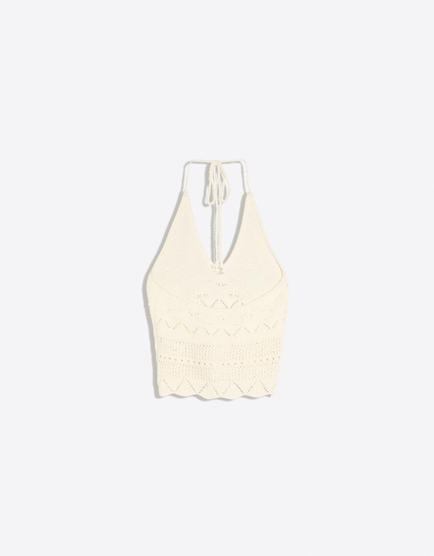 Rustik örgü halter top-Krem