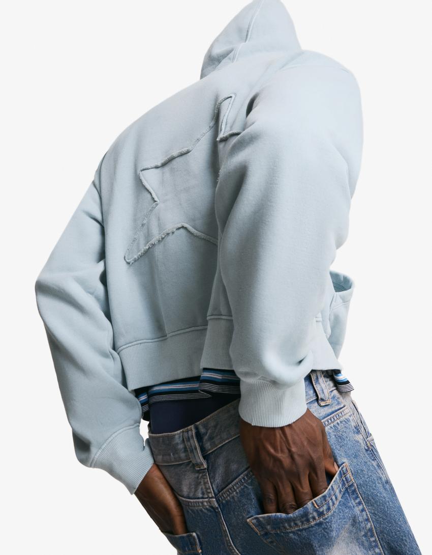 Cropped sweatshirt with zip and embroidery-Light blue