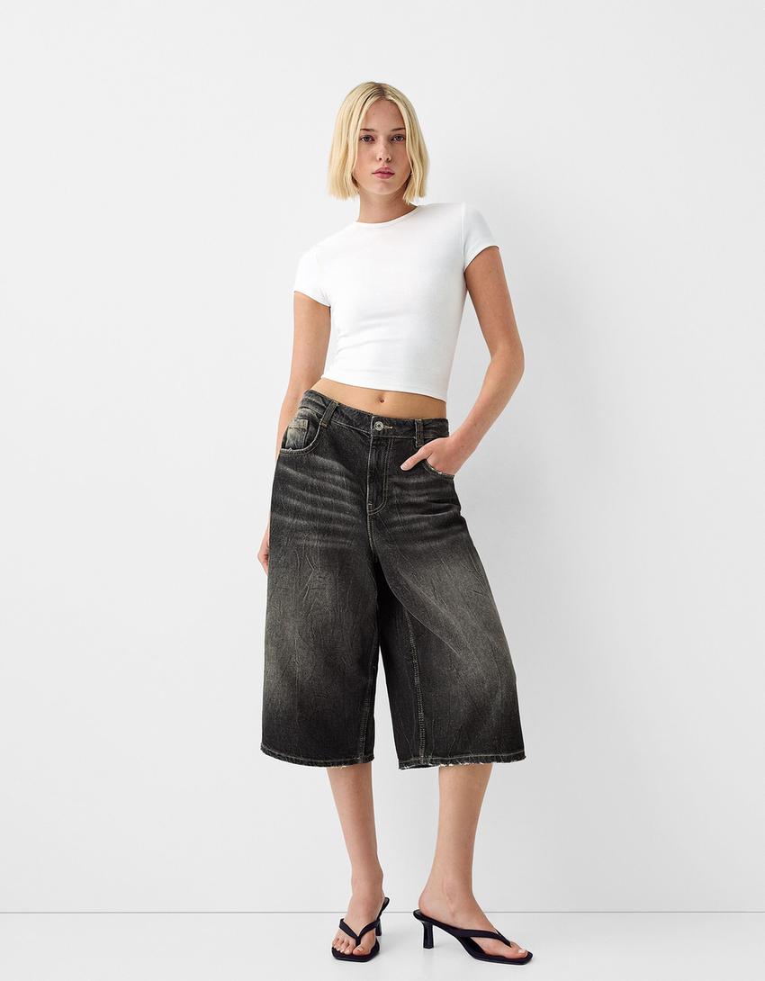Baggy denim Bermuda shorts-Black-0