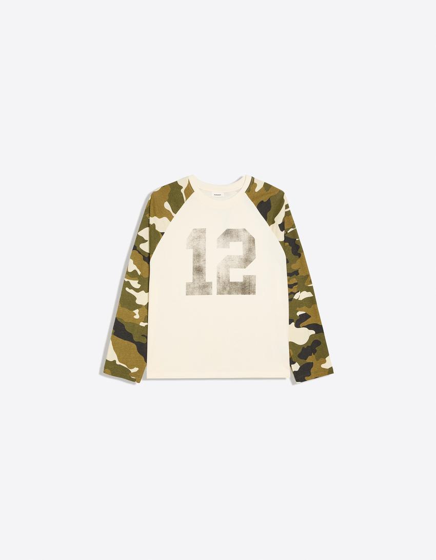 Long sleeve raglan print T-shirt-Cream