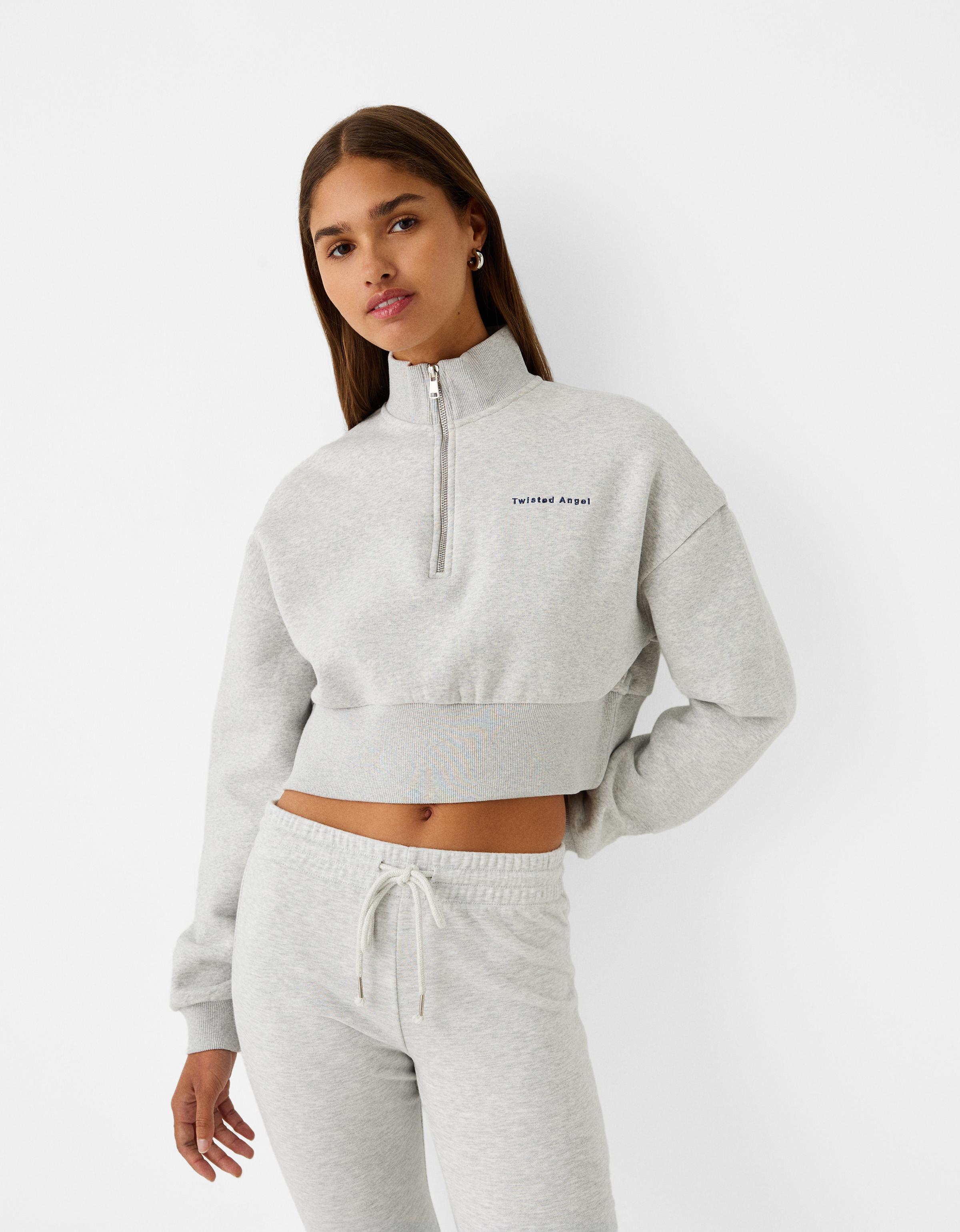 Bershka Sweatshirt Mit Reißverschluss Und Stickerei Damen M Grau