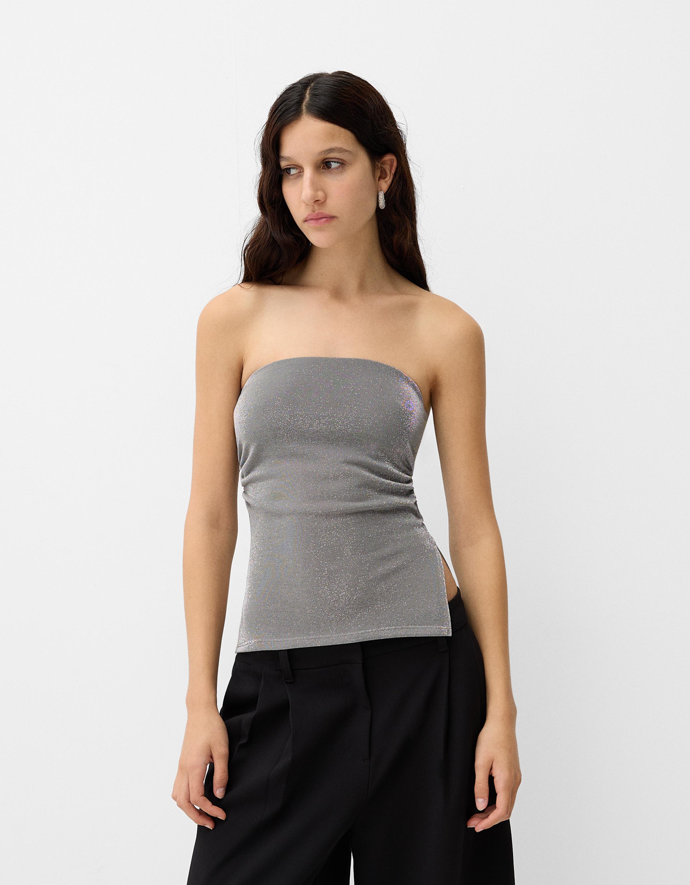 Bershka Bandeau-Top Mit Metallisiertem Garn Und Seitlichen Schlitzen Damen M Silber