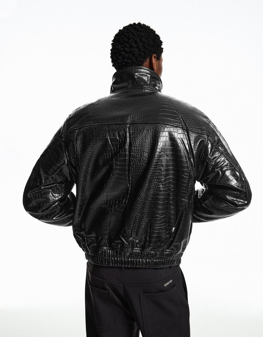 Suni deri desenli ceket-Siyah