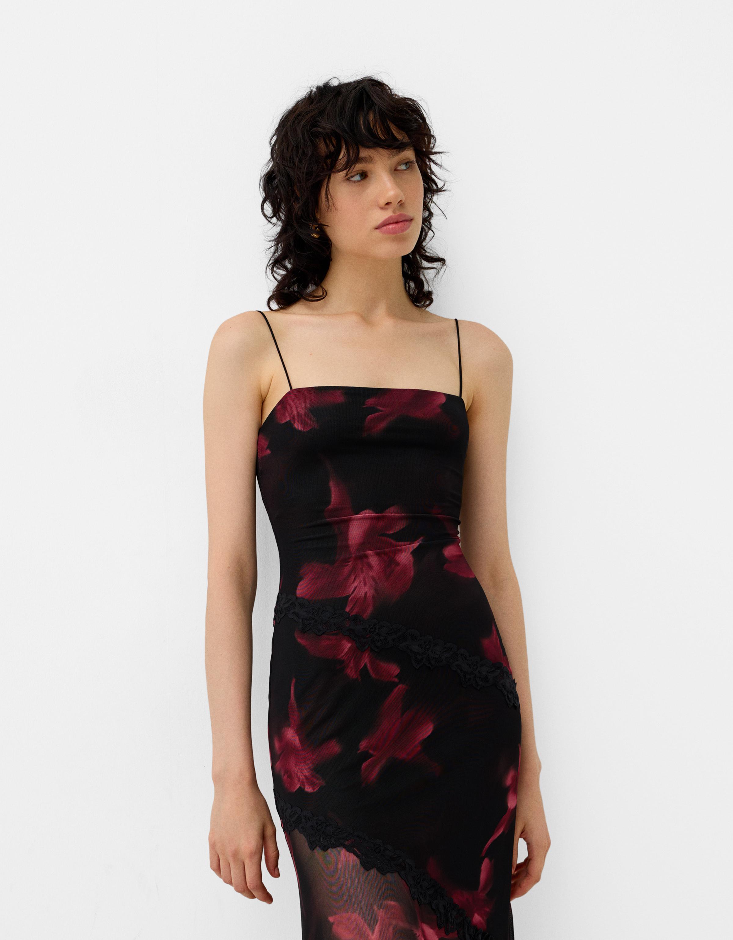 Bershka Trägerkleid Maxilänge Mit Print Damen S Schwarz