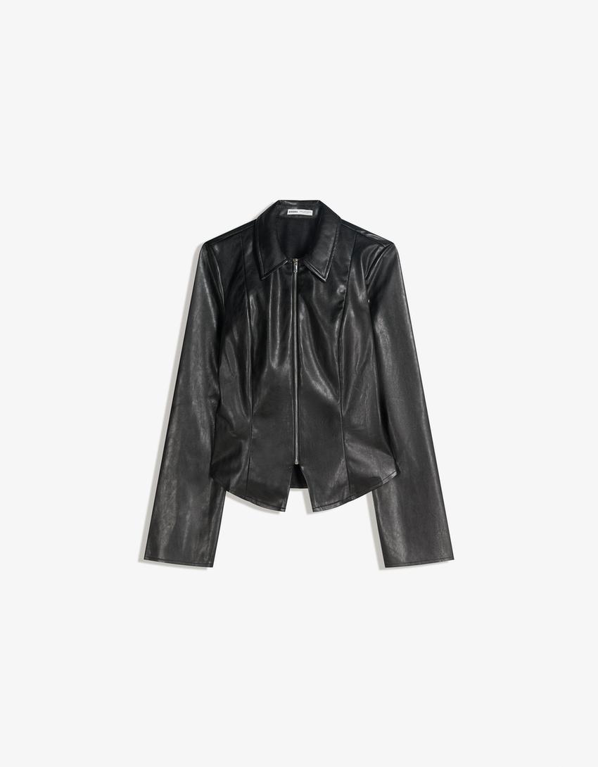 Camisa cremallera entallada efecto piel-Negro