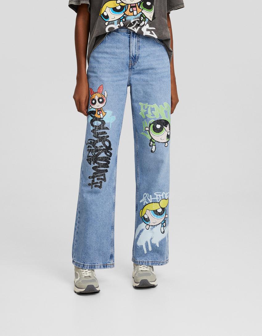 بنطال  فتيات القوة نمط التسعينيات واسع الساقين-أزرق فاتح-1