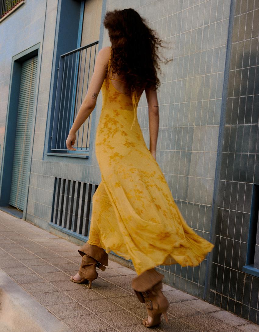 Flocked tulle strappy midi dress-Mustard