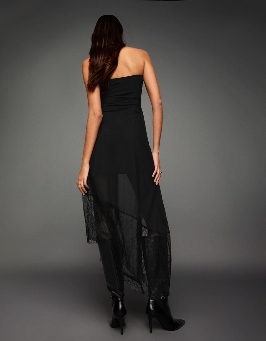 Vestit midi tul bandó asimètric lace-Negre