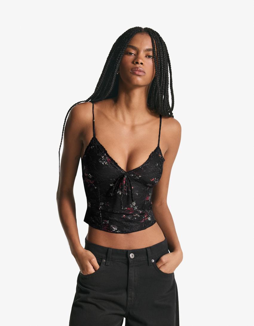 Top blonda print-Negro