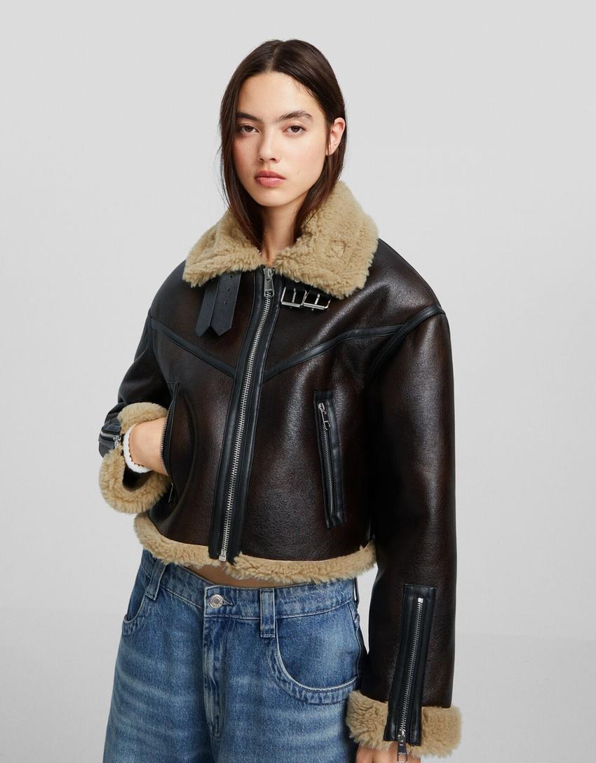 Distressed double-faced faux leather trucker jacket-Brown