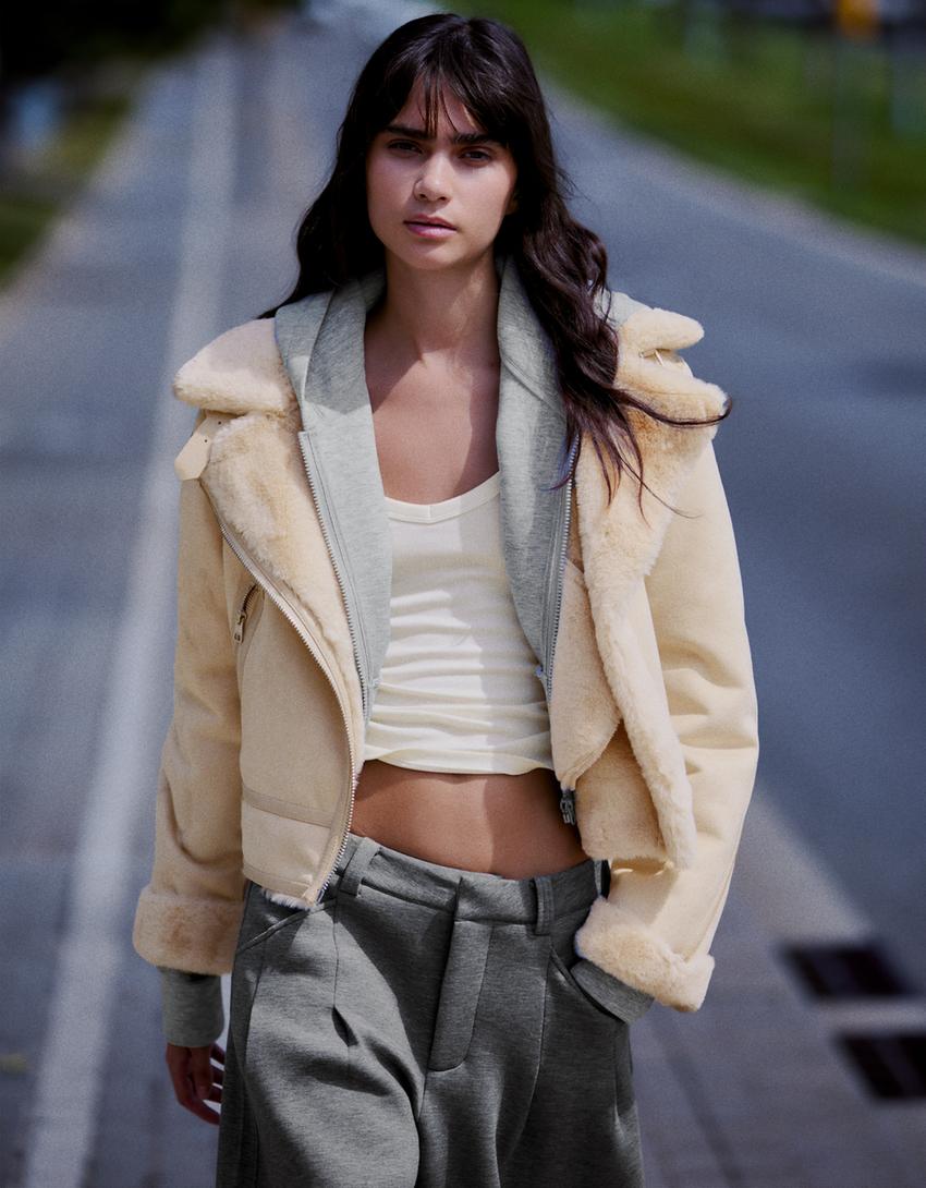 Cropped double-faced biker jacket-Cream