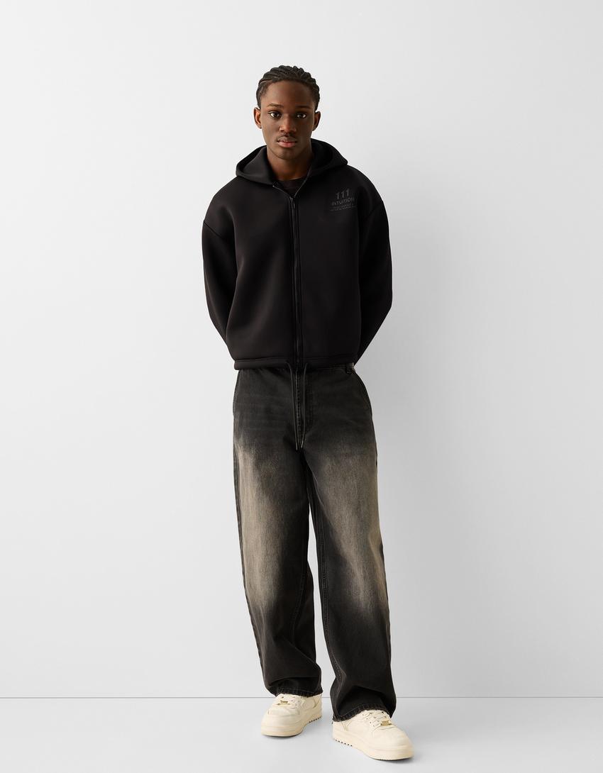 Zip-up slogan hoodie-Black-3