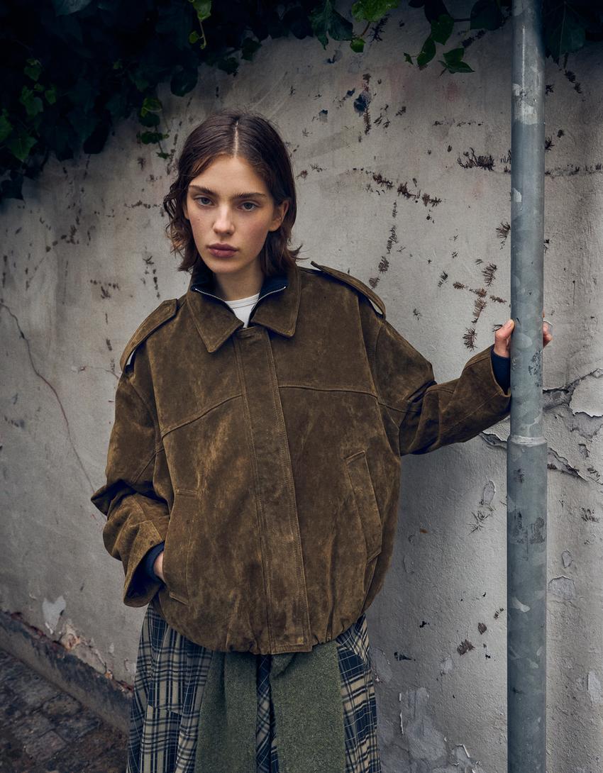 Leather and suede jacket-Khaki