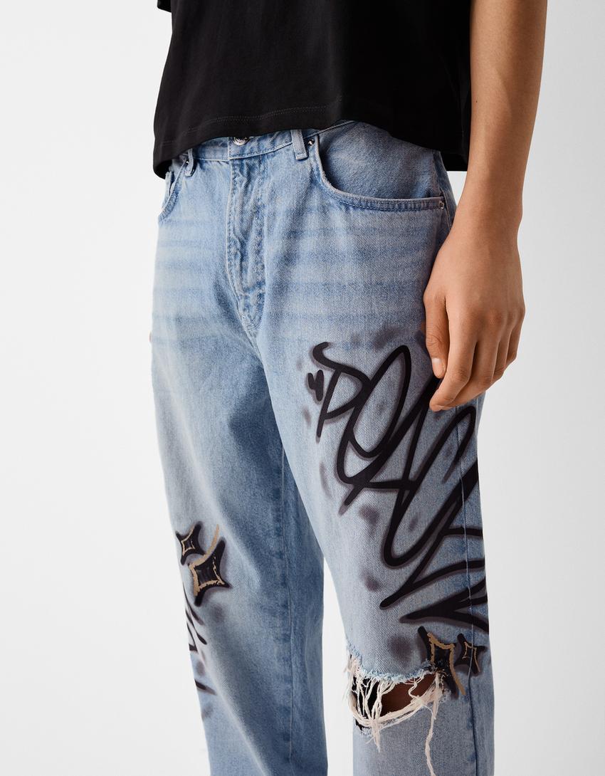 Jean loose fit imprimé-Bleu lavé-2