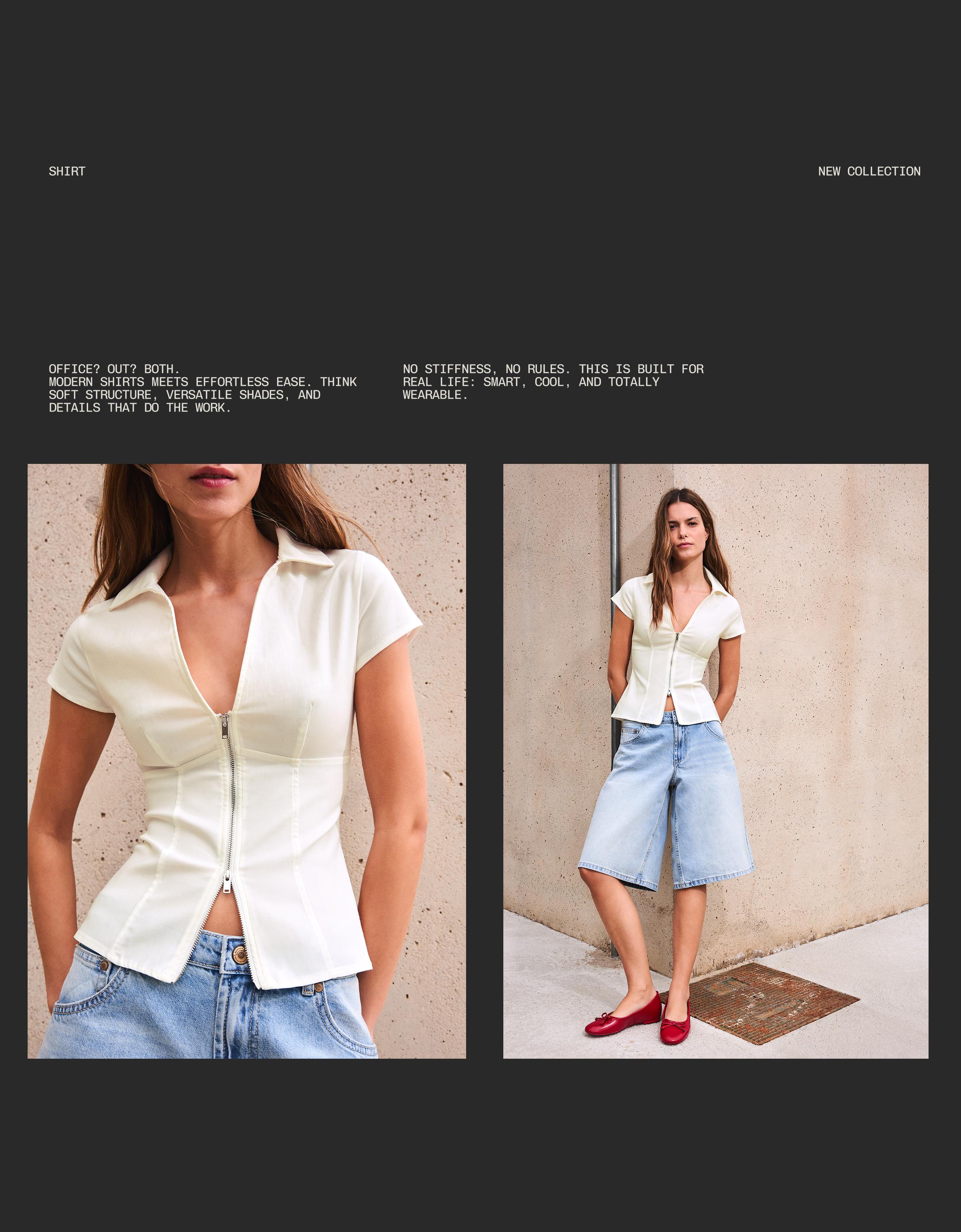 Kısa kollu fermuarlı baskılı gömlek