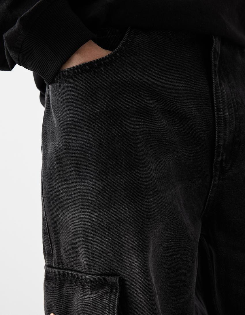 Jeans cargo skater fit efeito lavado dirty-Preto-5