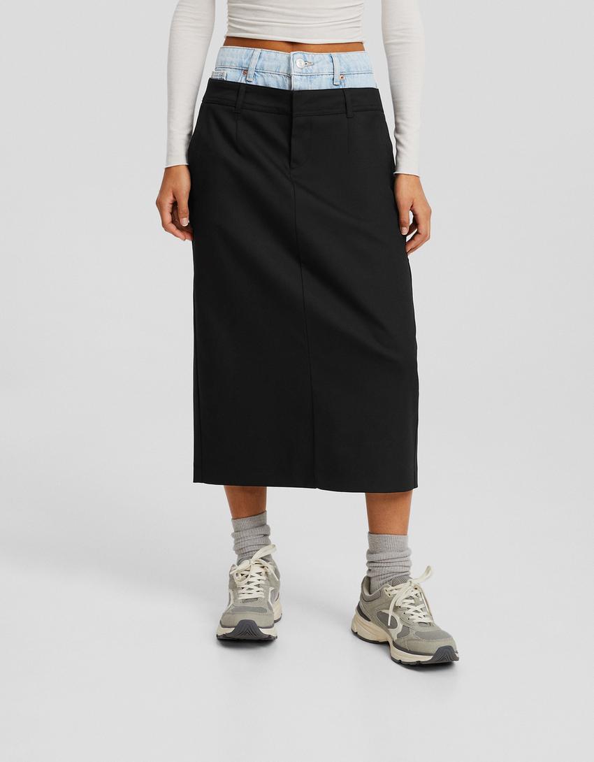 تنورة رسمية متوسطة الطول بخصر دنيم متباين-أسود-1